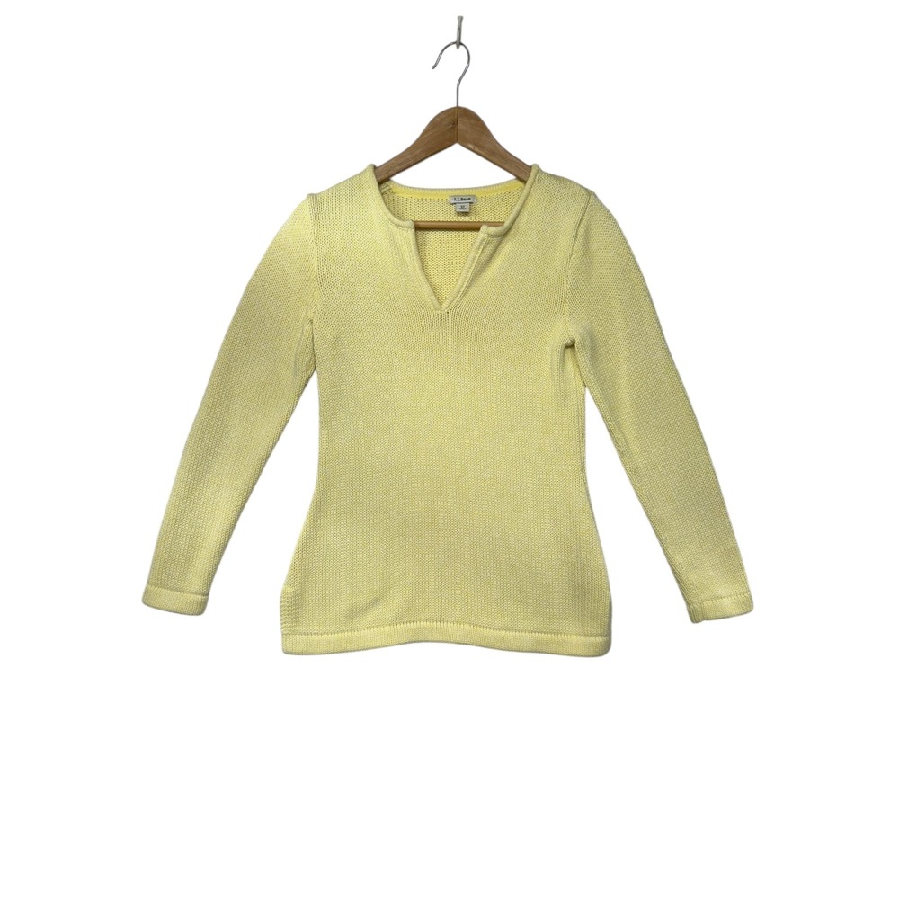 L L Bean‎ Light Yellow V Neck 100% Cotton Knit Sweater Long Sleeve Casual XS